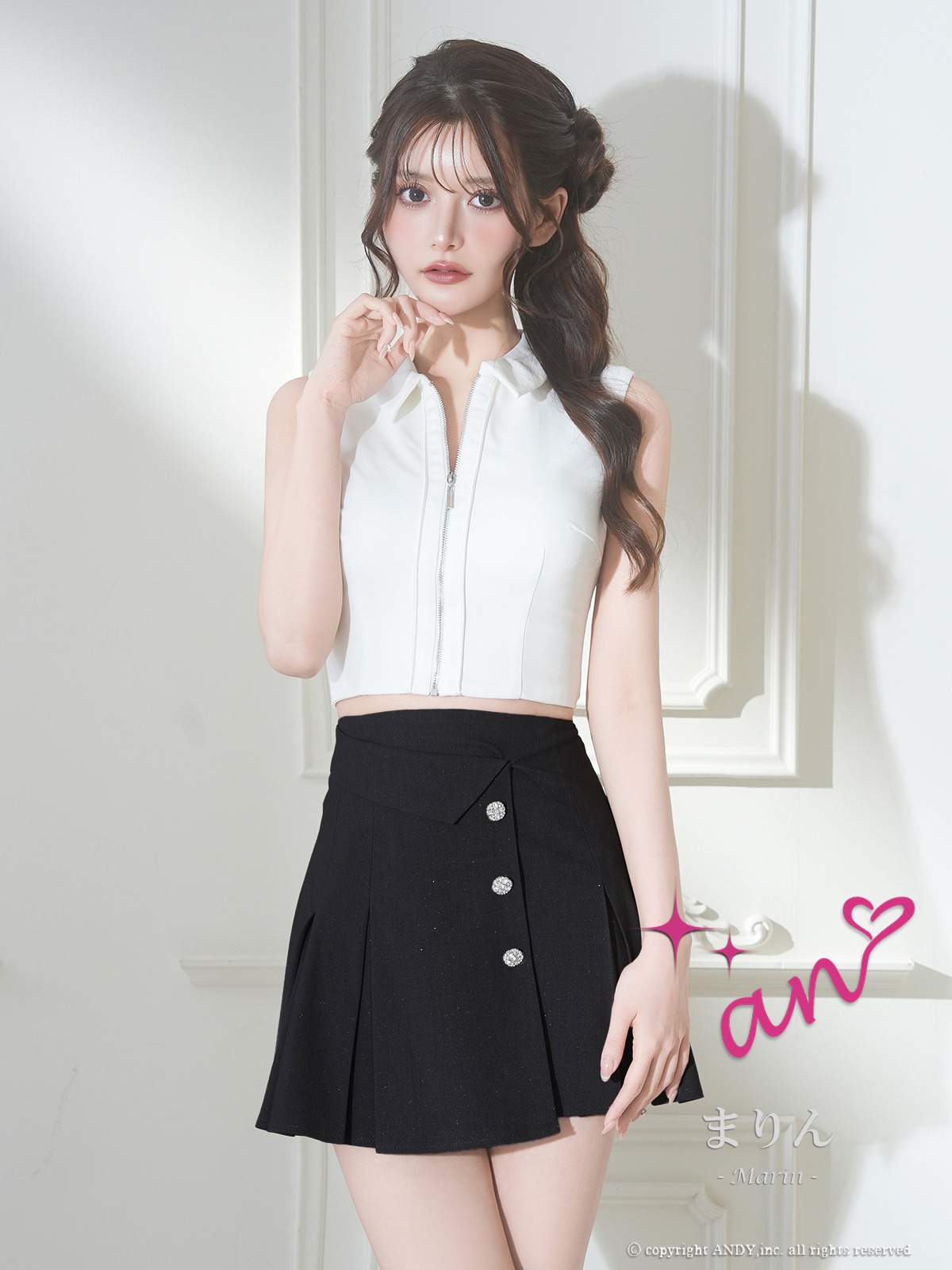 ノースリーブ セットアップ ジップデザイン 襟付き プリーツ ボタン フレアミニドレスのメイン画像1