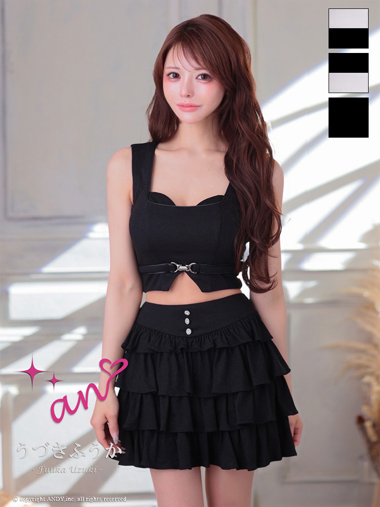 ノースリーブ セットアップ ウエストベルト ティアード フリル フレアミニドレスのメイン画像1