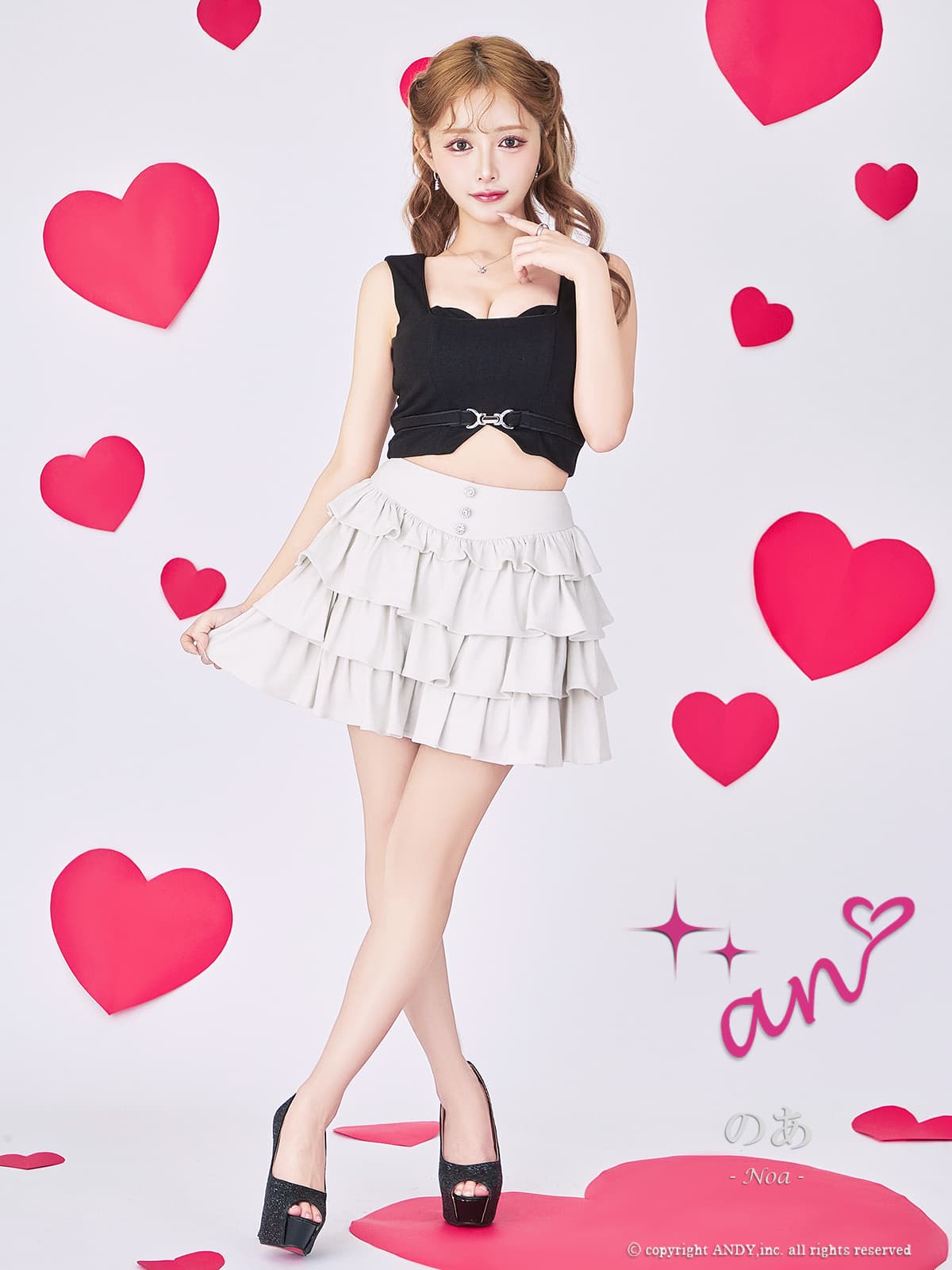 ノースリーブ セットアップ ウエストベルト ティアード フリル フレアミニドレスの詳細画像2