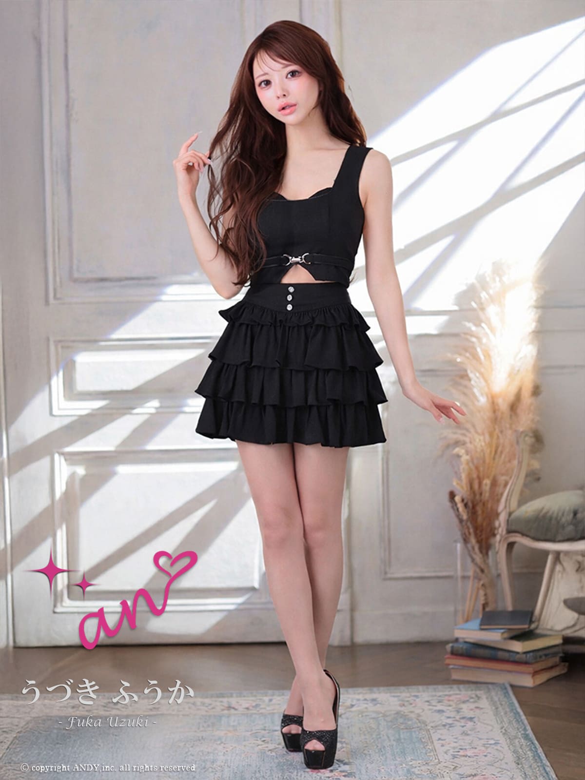 ノースリーブ セットアップ ウエストベルト ティアード フリル フレアミニドレスの詳細画像2