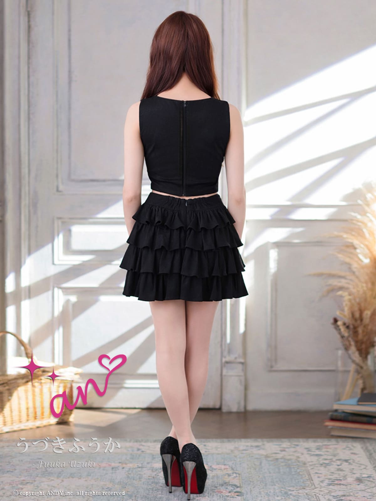 ノースリーブ セットアップ ウエストベルト ティアード フリル フレアミニドレスの詳細画像2