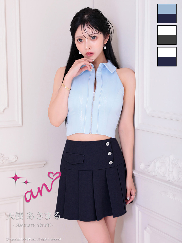 ノースリーブ セットアップ ジップデザイン 襟付き プリーツ ビジュー ボタン バイカラー フレアミニドレスのメイン画像1