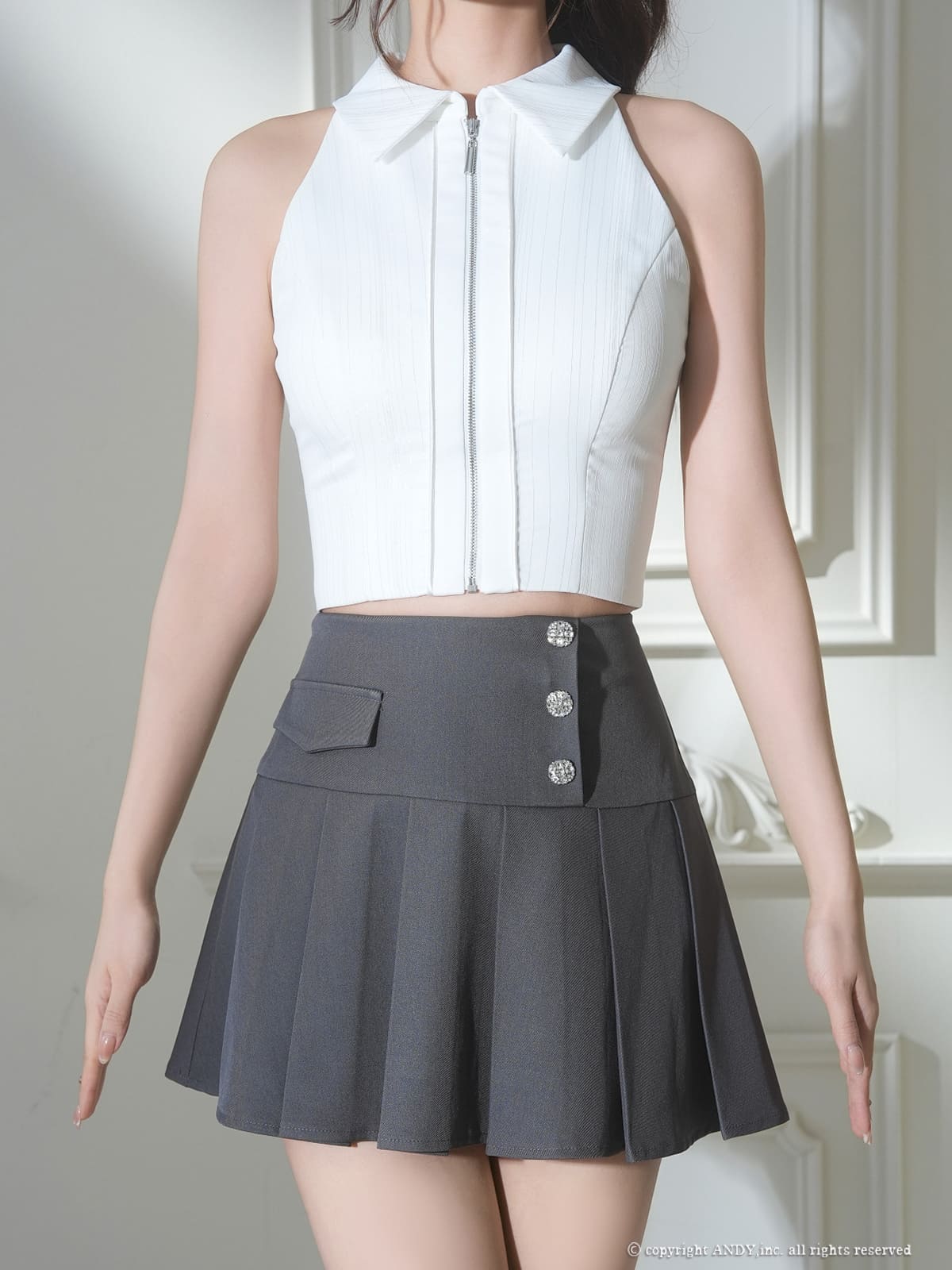 ノースリーブ セットアップ ジップデザイン 襟付き プリーツ ビジュー ボタン バイカラー フレアミニドレスの詳細画像1