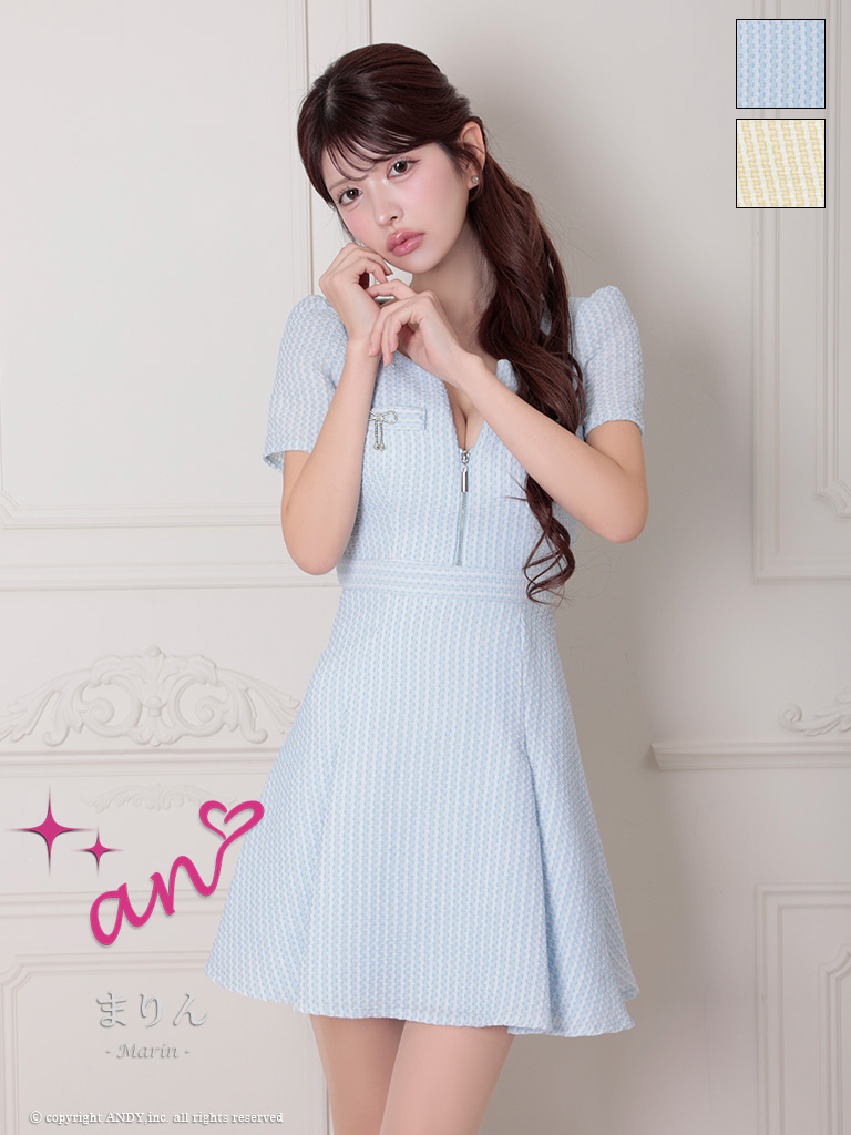 半袖 ジップデザイン ツイード カットアウト バックリボン ブローチ フレアミニドレスのメイン画像1