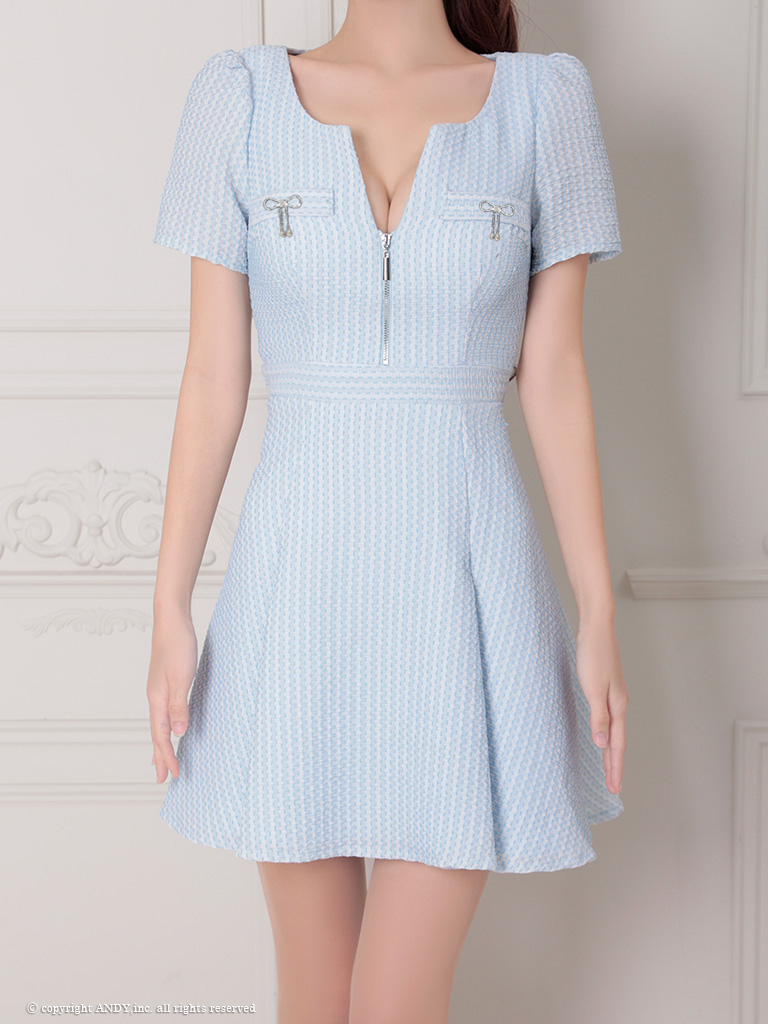 半袖 ジップデザイン ツイード カットアウト バックリボン ブローチ フレアミニドレスの詳細画像1