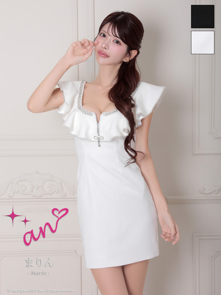 ノースリーブ ジップデザイン リボン ブローチ付き フリル タイトミニドレスのメイン画像2