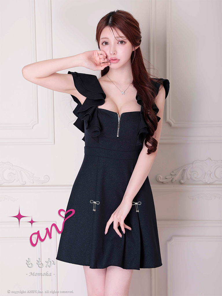 ノースリーブ ジップデザイン カットアウト リボン ラメ フリル フレアミニドレスのメイン画像1