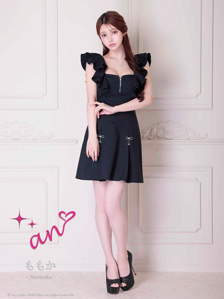 ノースリーブ ジップデザイン カットアウト リボン ラメ フリル フレアミニドレスの全身フロント画像1