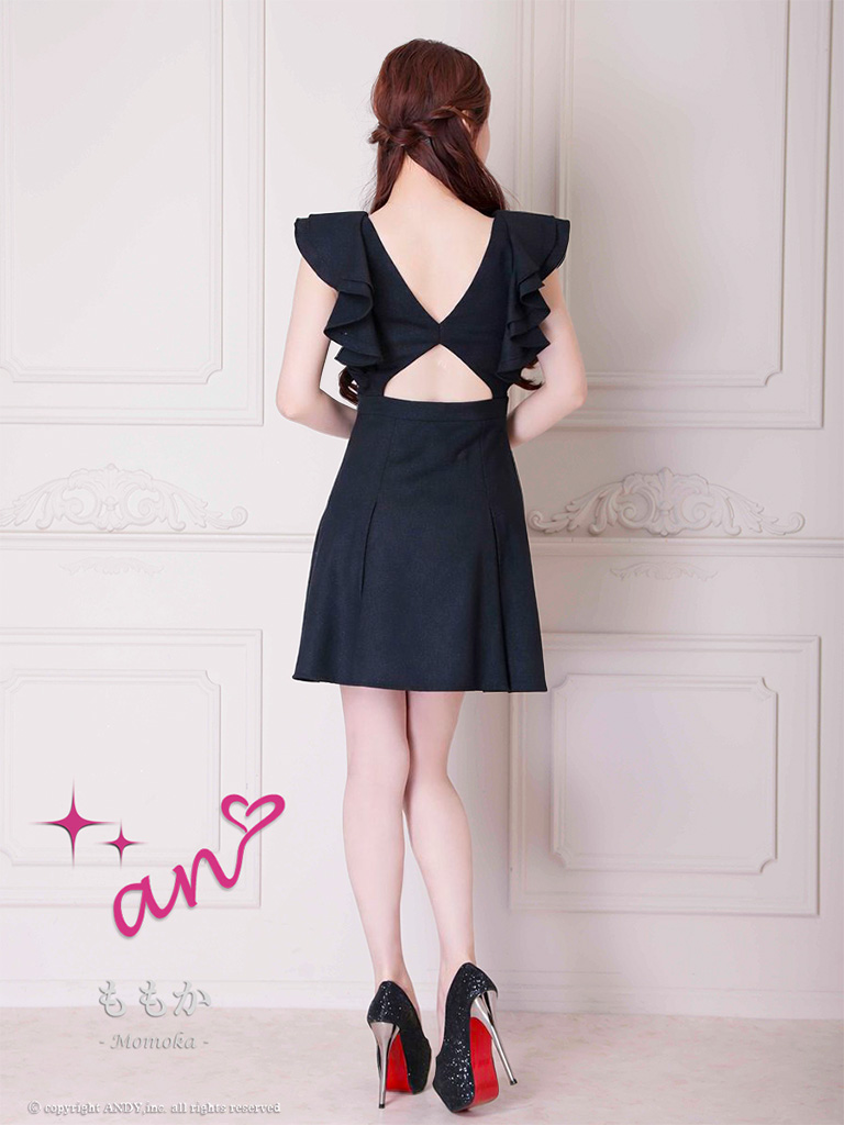 ノースリーブ ジップデザイン カットアウト リボン ラメ フリル フレアミニドレスの全身バック画像1