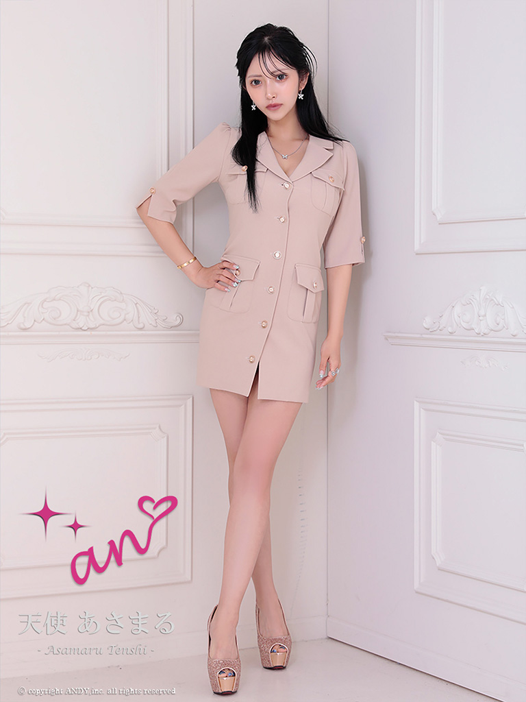 袖あり 襟付き ボタン ポケット タイトミニドレスの詳細画像1