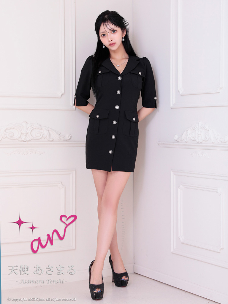 袖あり 襟付き ボタン ポケット タイトミニドレスの詳細画像1