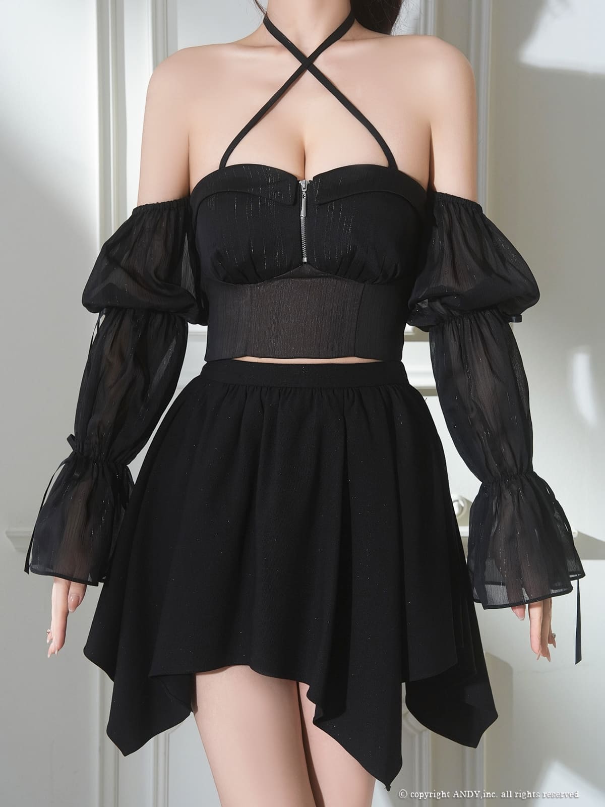 ホルターネック 長袖 シアースリーブ セットアップ 肩あき ジップデザイン ヘムスカート 襟付き フレアミニドレスの詳細画像1