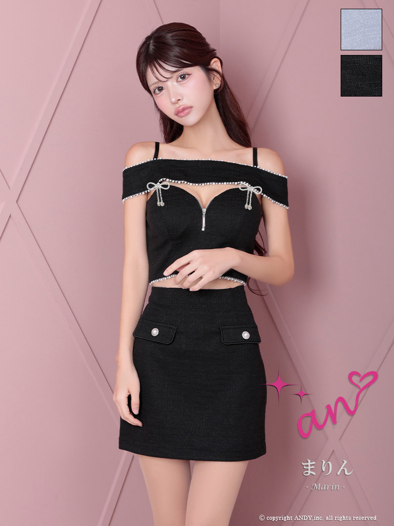 セットアップ 肩あき ジップデザイン ツイード リボン バストカット パール タイトミニドレスのメイン画像1