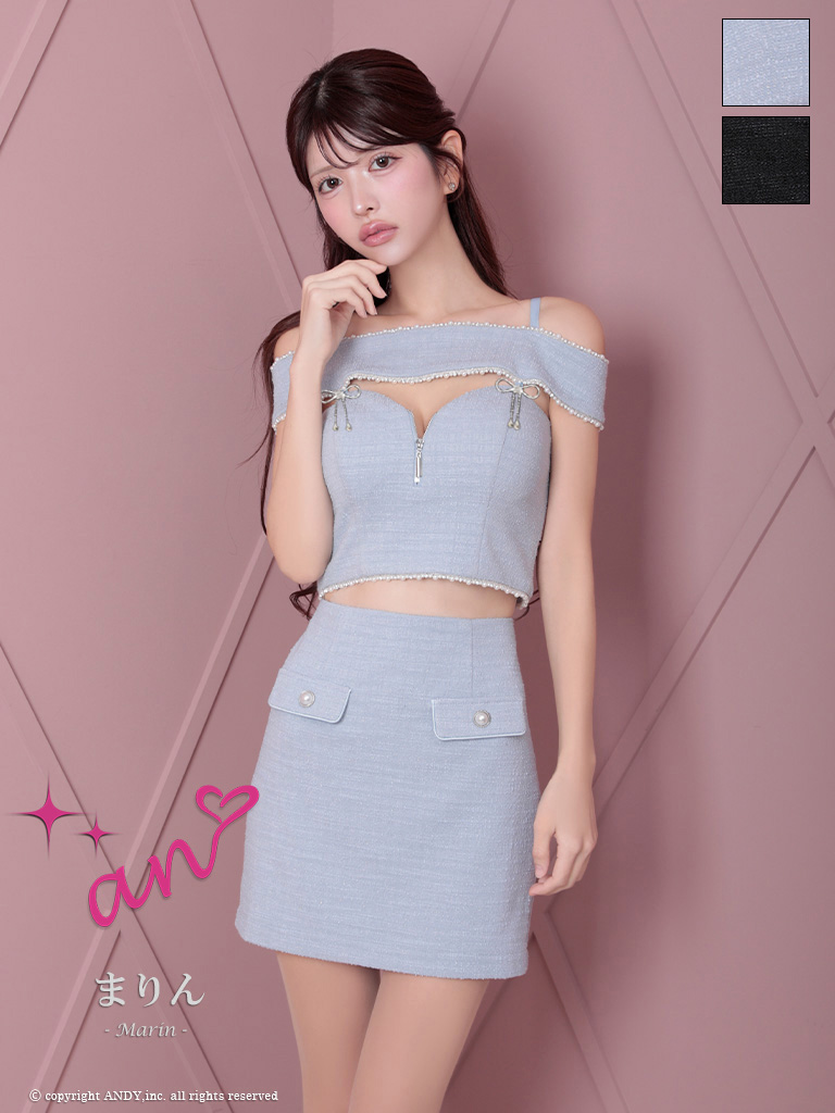 セットアップ 肩あき ジップデザイン ツイード リボン バストカット パール タイトミニドレスのメイン画像2