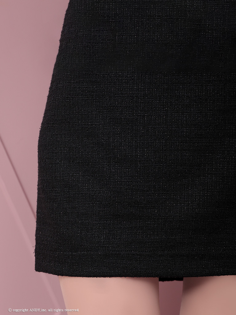 セットアップ 肩あき ジップデザイン ツイード リボン バストカット パール タイトミニドレスの詳細画像2