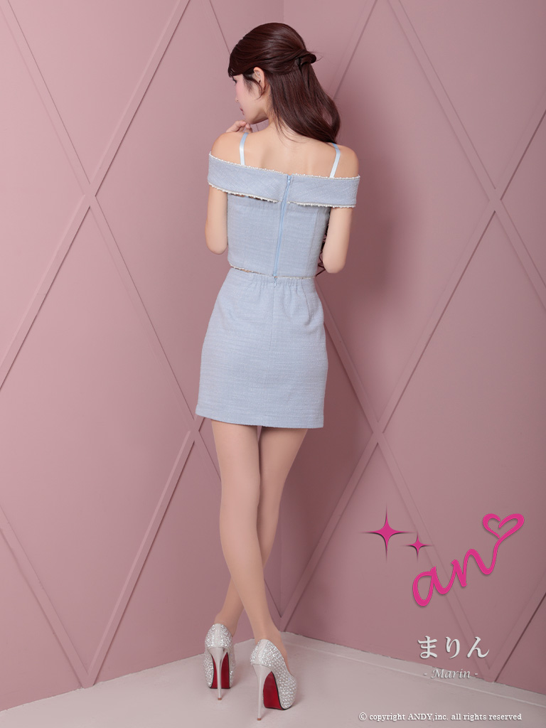 セットアップ 肩あき ジップデザイン ツイード リボン バストカット パール タイトミニドレスの全身バック画像2