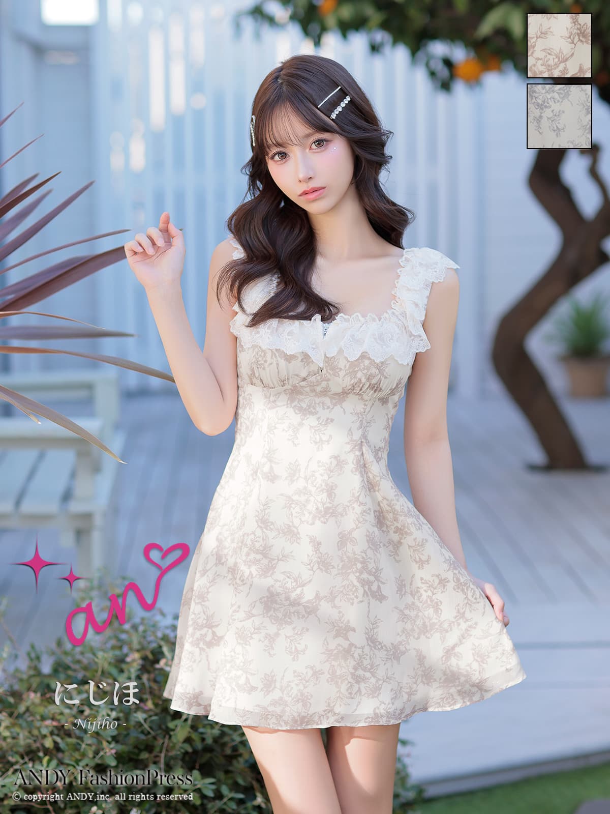 ノースリーブ ジップデザイン フリル レース スクエアネック フラワープリント フレアミニドレスのメイン画像1