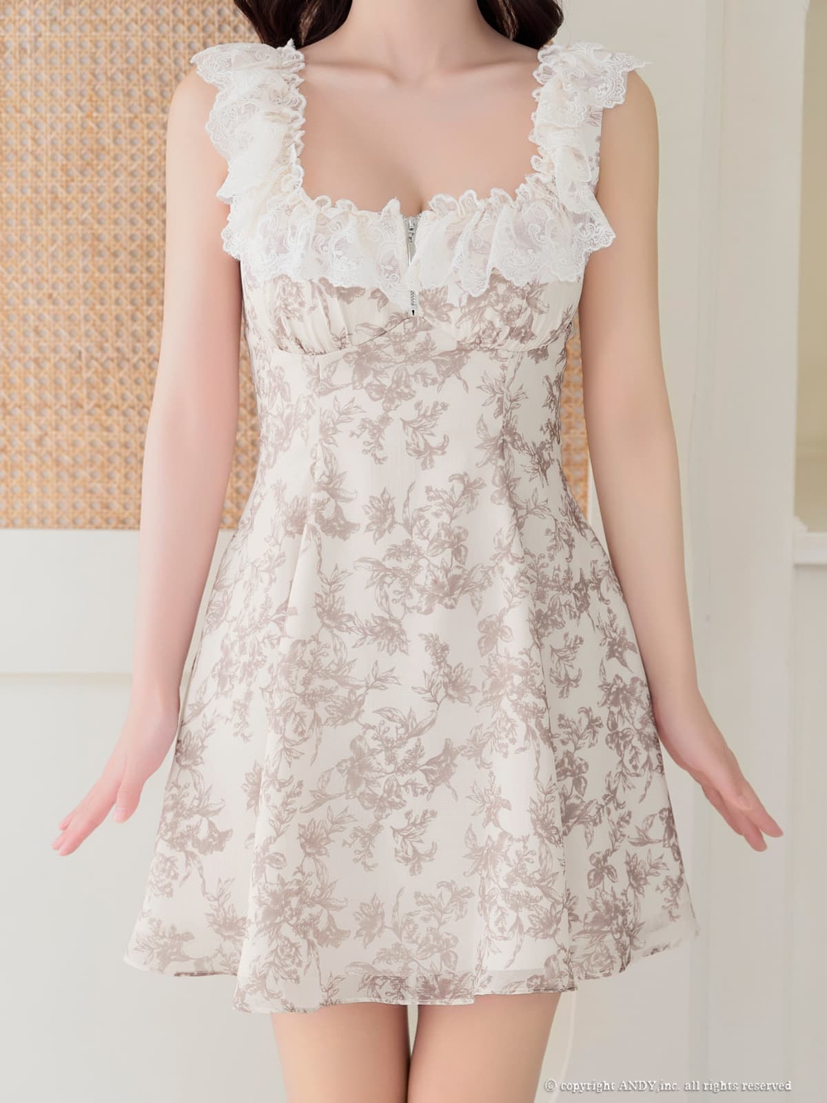 ノースリーブ ジップデザイン フリル レース スクエアネック フラワープリント フレアミニドレスの詳細画像1