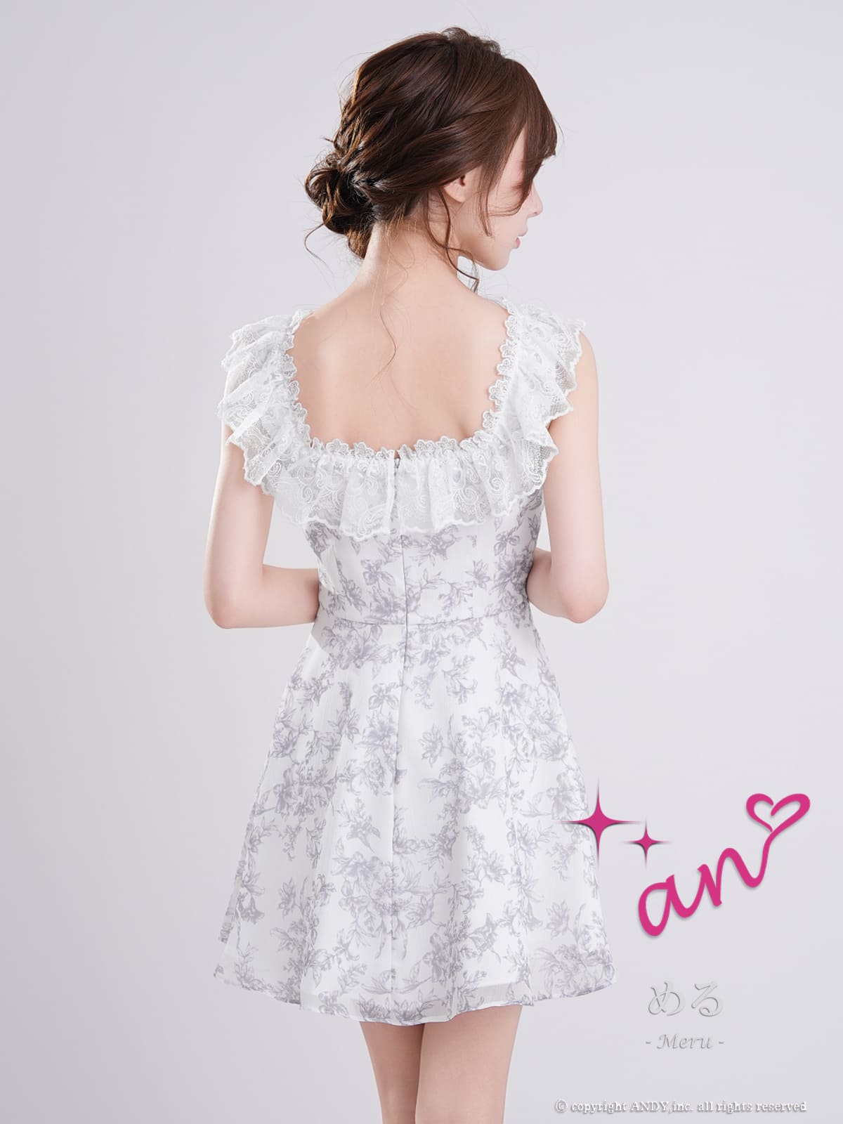 ノースリーブ ジップデザイン フリル レース スクエアネック フラワープリント フレアミニドレスの詳細画像2