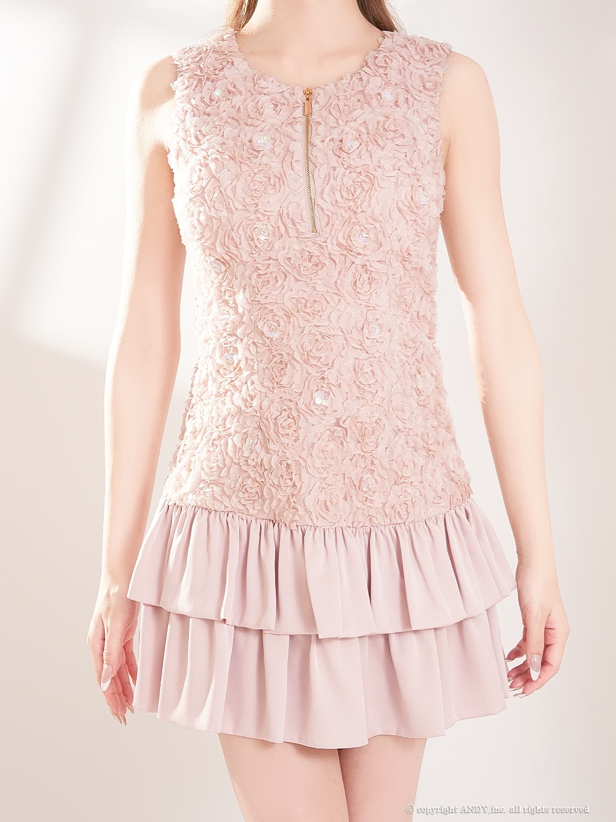 ノースリーブ ジップデザイン 立体フラワー レース ティアード フリル フレアミニドレスの詳細画像1