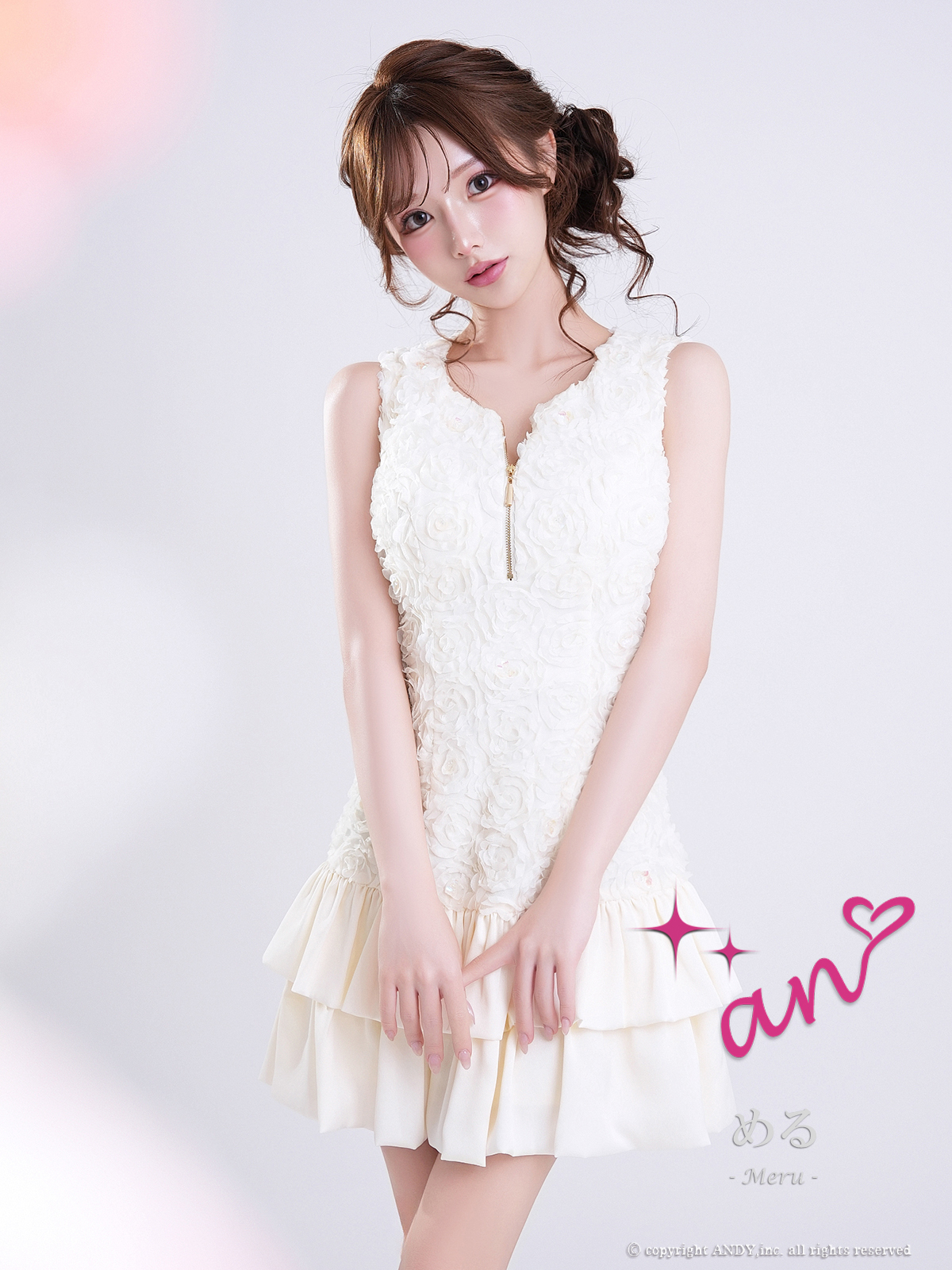 ノースリーブ ジップデザイン 立体フラワー レース ティアード フリル フレアミニドレスの詳細画像2