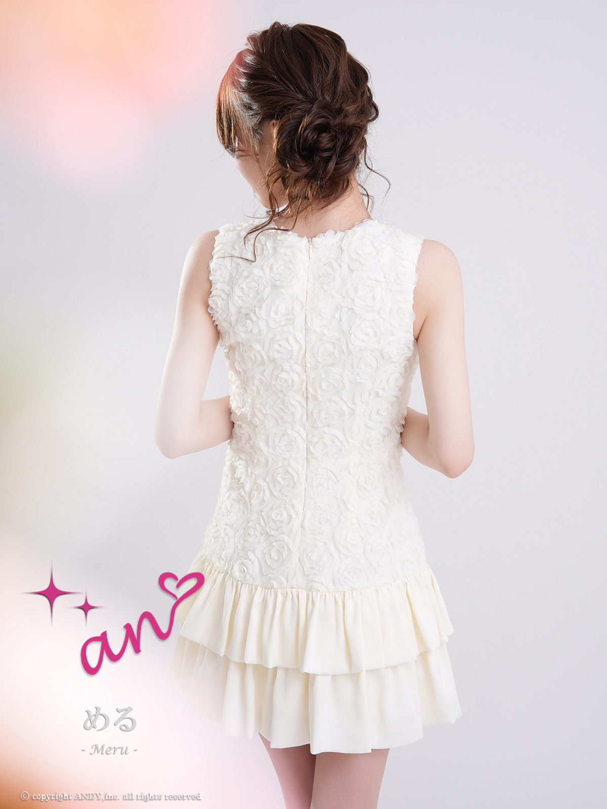 ノースリーブ ジップデザイン 立体フラワー レース ティアード フリル フレアミニドレスの詳細画像2