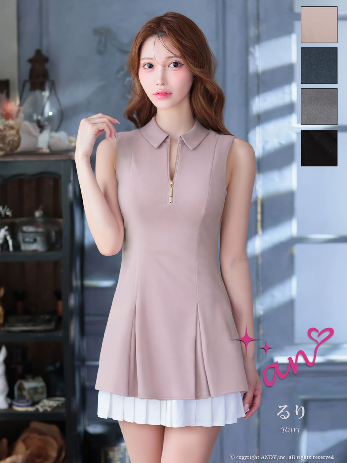 ノースリーブ ジップデザイン 襟付き プリーツ レイヤード ラメ フレアミニドレスのメイン画像1