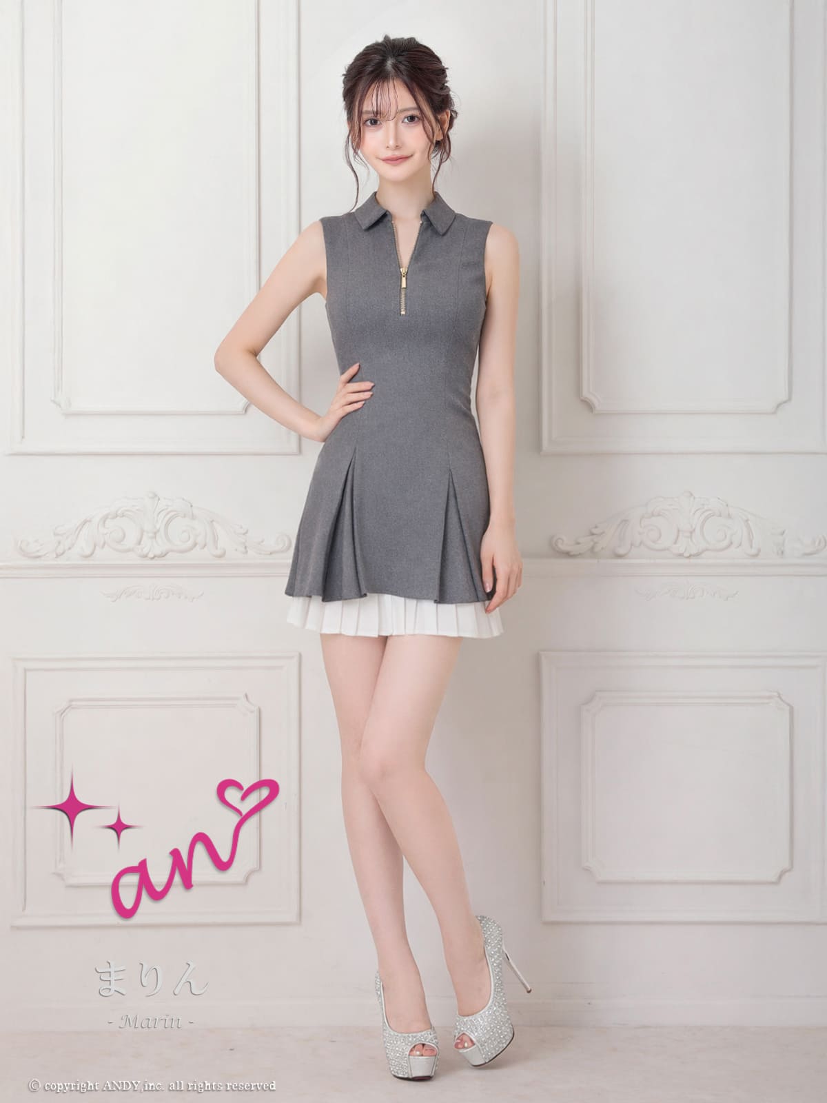 ノースリーブ ジップデザイン 襟付き プリーツ レイヤード ラメ フレアミニドレスの詳細画像1