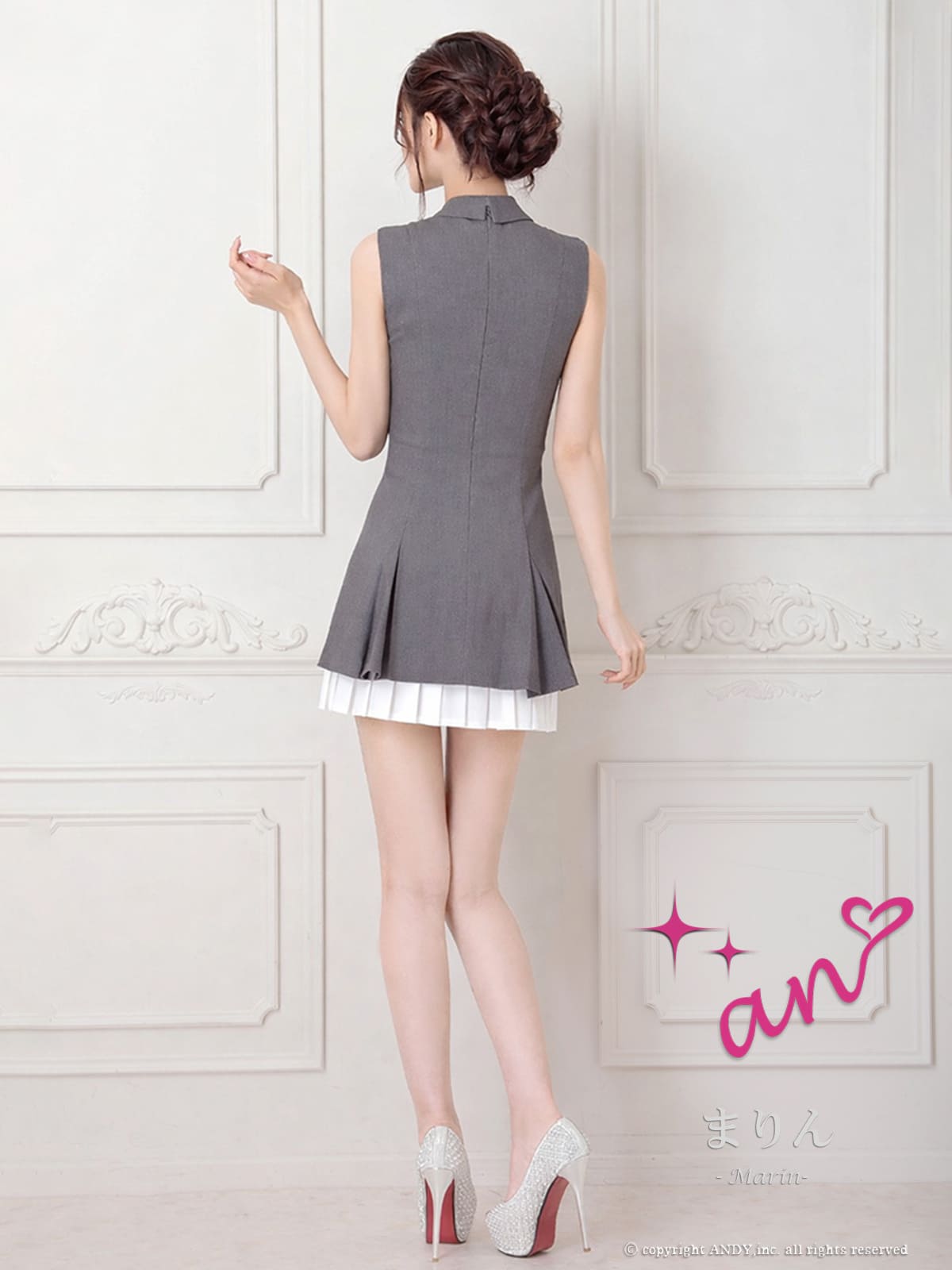 ノースリーブ ジップデザイン 襟付き プリーツ レイヤード ラメ フレアミニドレスの詳細画像2