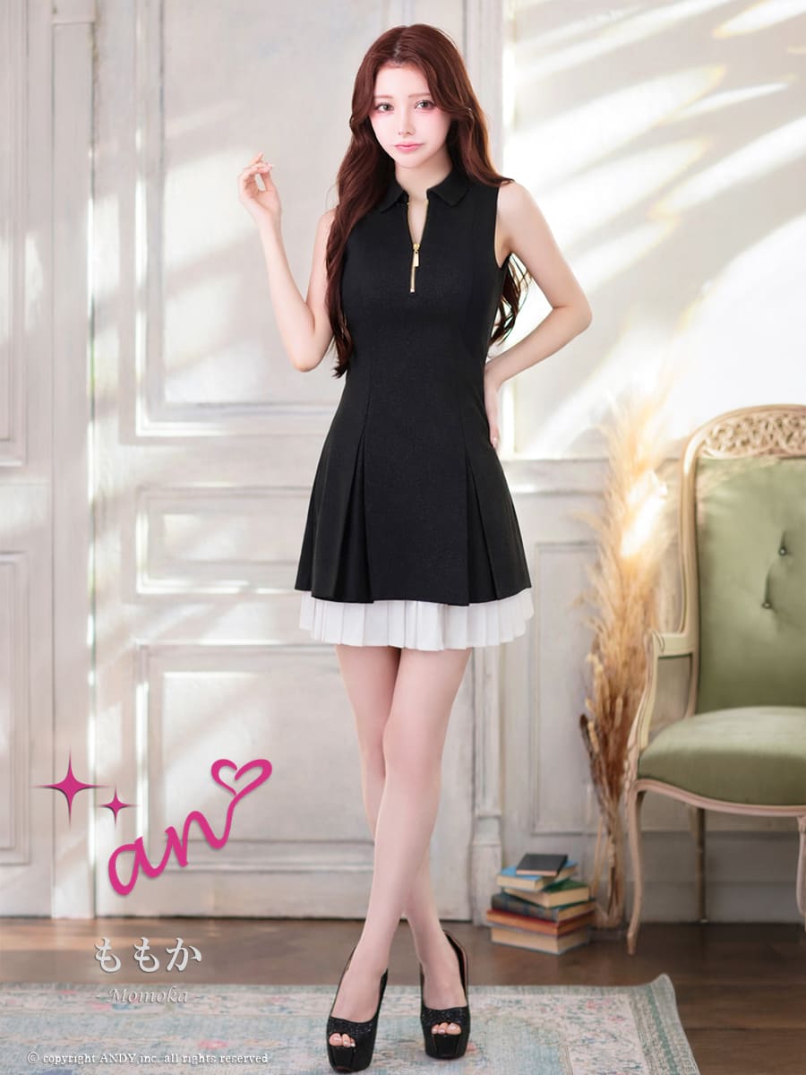 ノースリーブ ジップデザイン 襟付き プリーツ レイヤード ラメ フレアミニドレスの詳細画像2