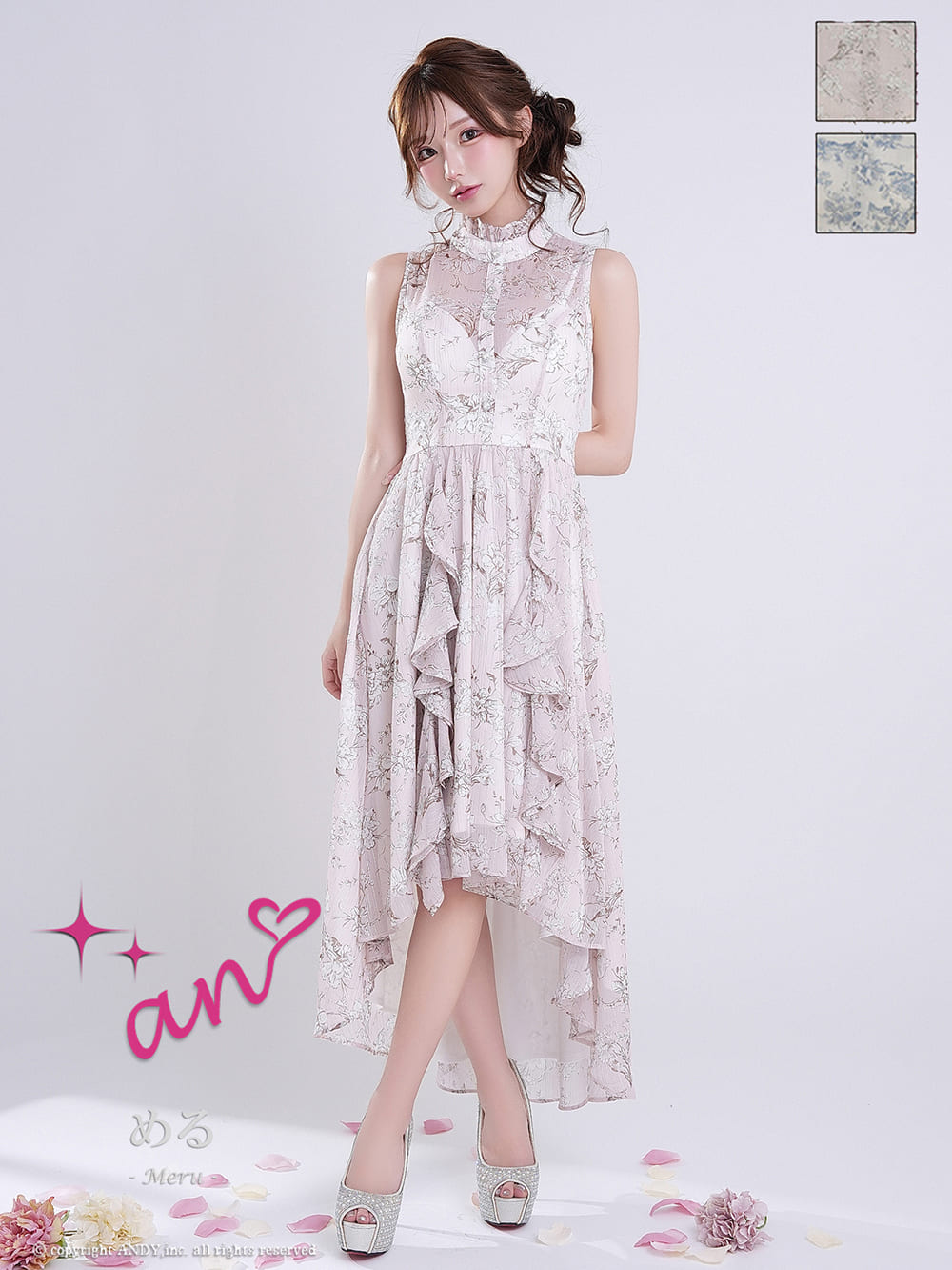 ノースリーブ フラワープリント フリル シースルー ロングテール フレア 膝丈ドレスのメイン画像1