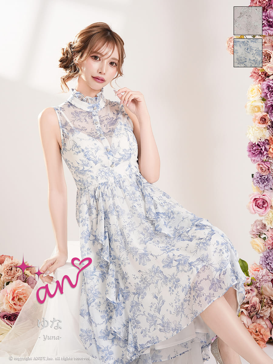 ノースリーブ フラワープリント フリル シースルー ロングテール フレア 膝丈ドレスのメイン画像2