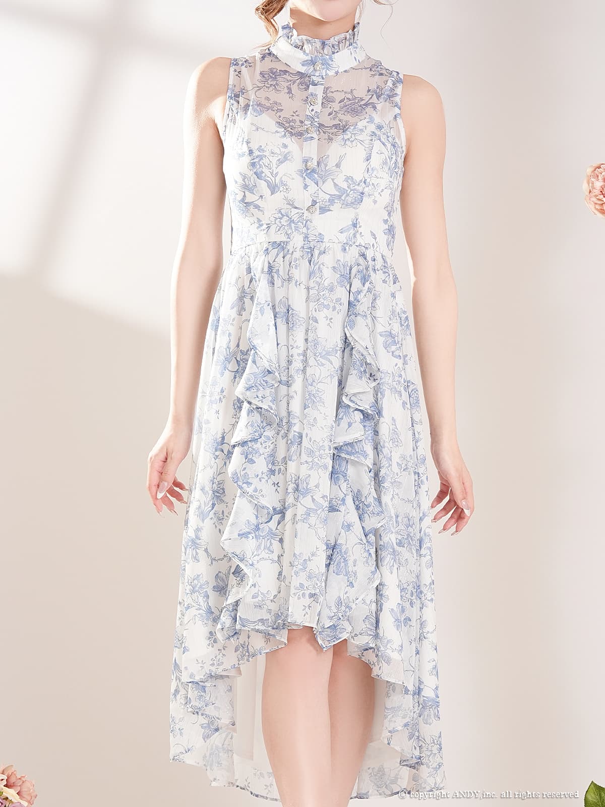 ノースリーブ フラワープリント フリル シースルー ロングテール フレア 膝丈ドレスの全身バック画像1