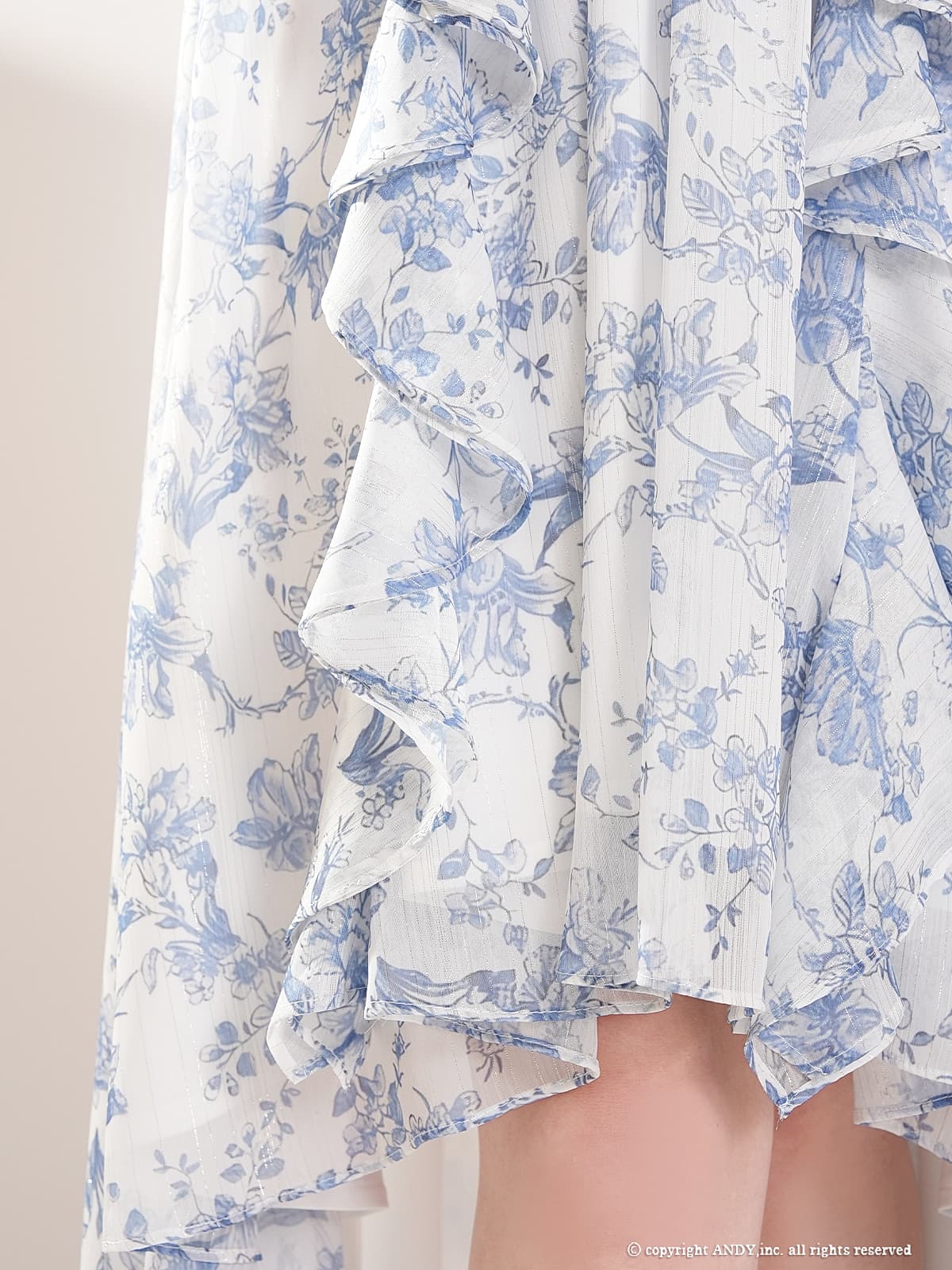 ノースリーブ フラワープリント フリル シースルー ロングテール フレア 膝丈ドレスの詳細画像1