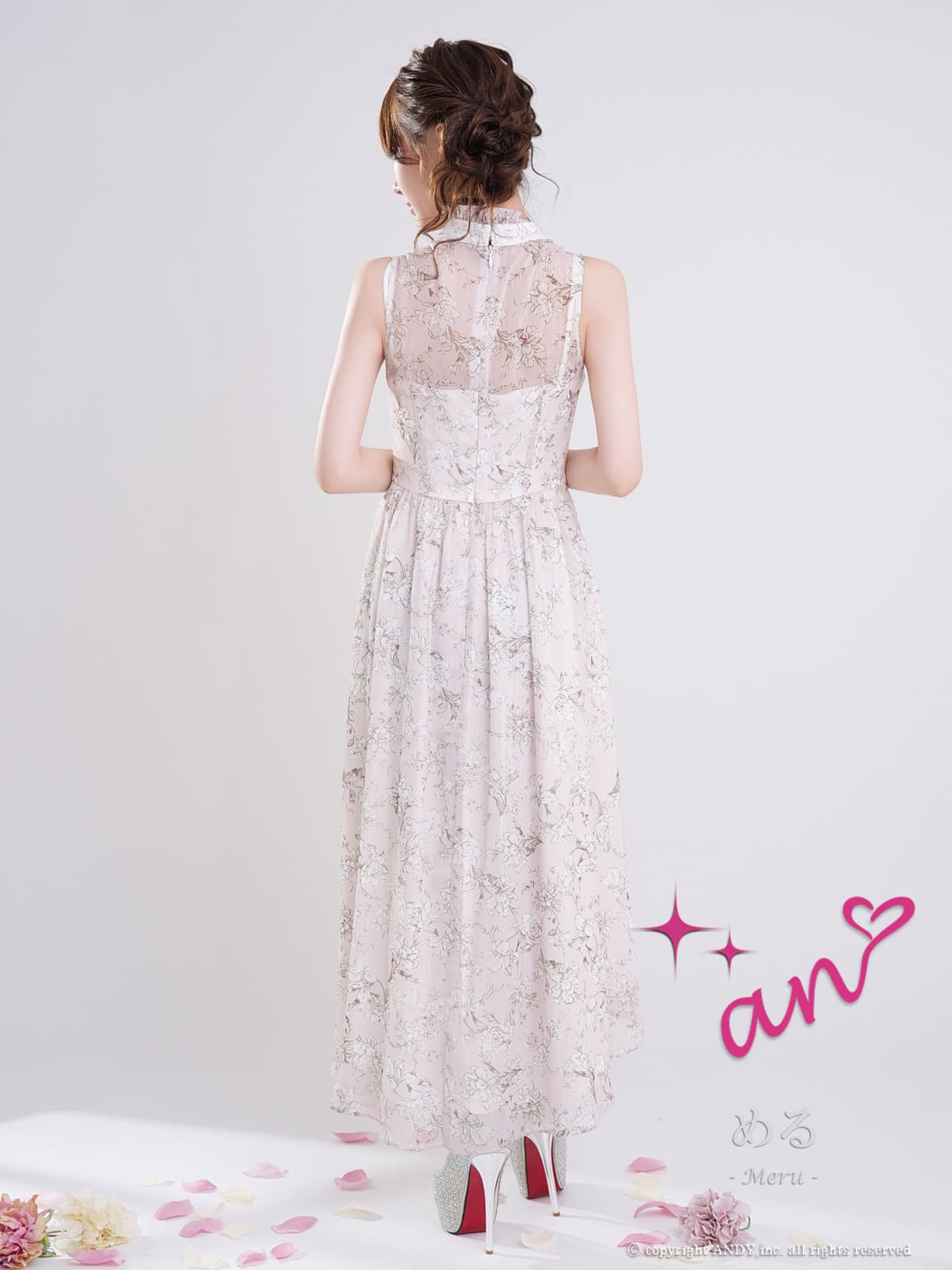 ノースリーブ フラワープリント フリル シースルー ロングテール フレア 膝丈ドレスの詳細画像1