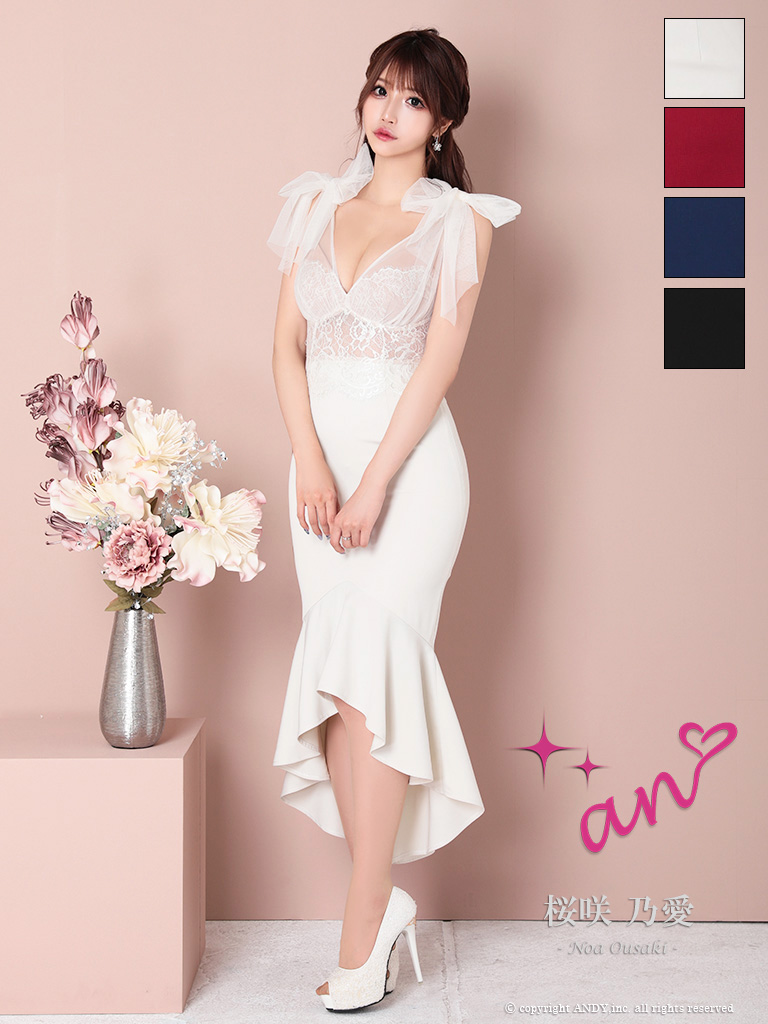 ノースリーブ くびれ透け シースルー コルセット チュール ショルダーリボン マーメイド ロングテール タイト 膝丈ドレスのメイン画像1