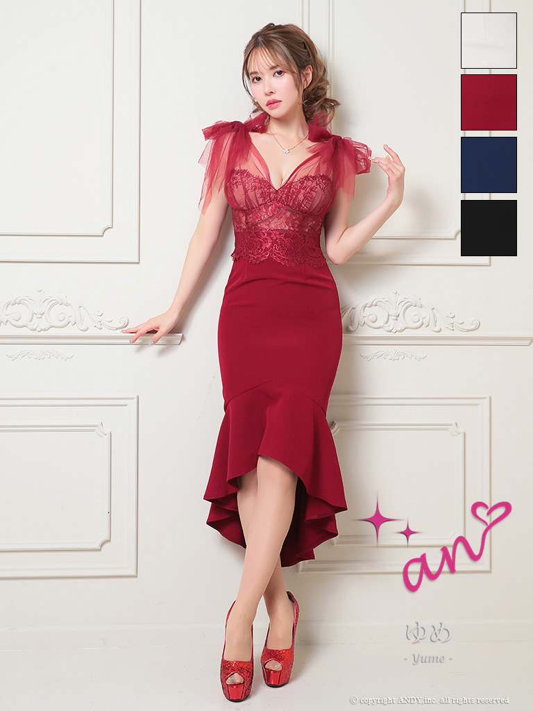 ノースリーブ くびれ透け シースルー コルセット チュール ショルダーリボン マーメイド ロングテール タイト 膝丈ドレスのメイン画像2