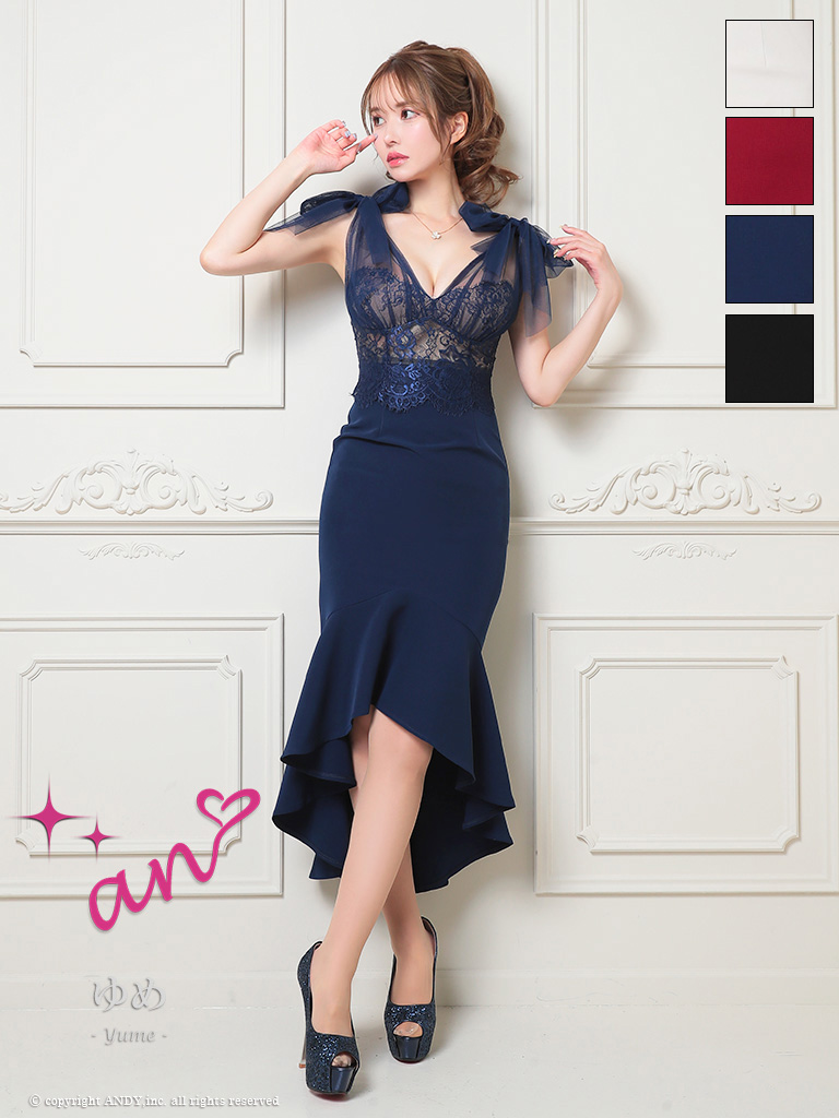 ノースリーブ くびれ透け シースルー コルセット チュール ショルダーリボン マーメイド ロングテール タイト 膝丈ドレスのメイン画像1