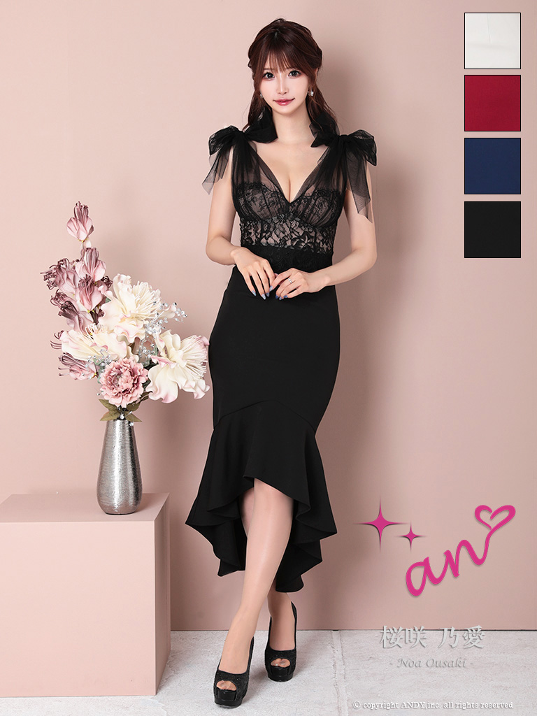 ノースリーブ くびれ透け シースルー コルセット チュール ショルダーリボン マーメイド ロングテール タイト 膝丈ドレスのメイン画像1