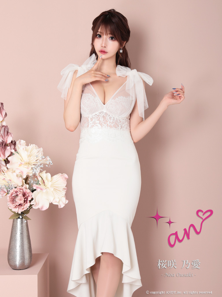 ノースリーブ くびれ透け シースルー コルセット チュール ショルダーリボン マーメイド ロングテール タイト 膝丈ドレスの全身フロント画像1