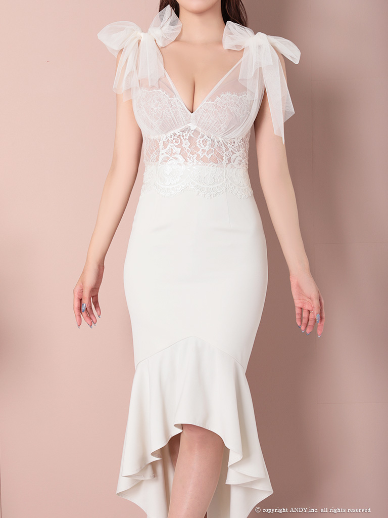 ノースリーブ くびれ透け シースルー コルセット チュール ショルダーリボン マーメイド ロングテール タイト 膝丈ドレスの詳細画像1