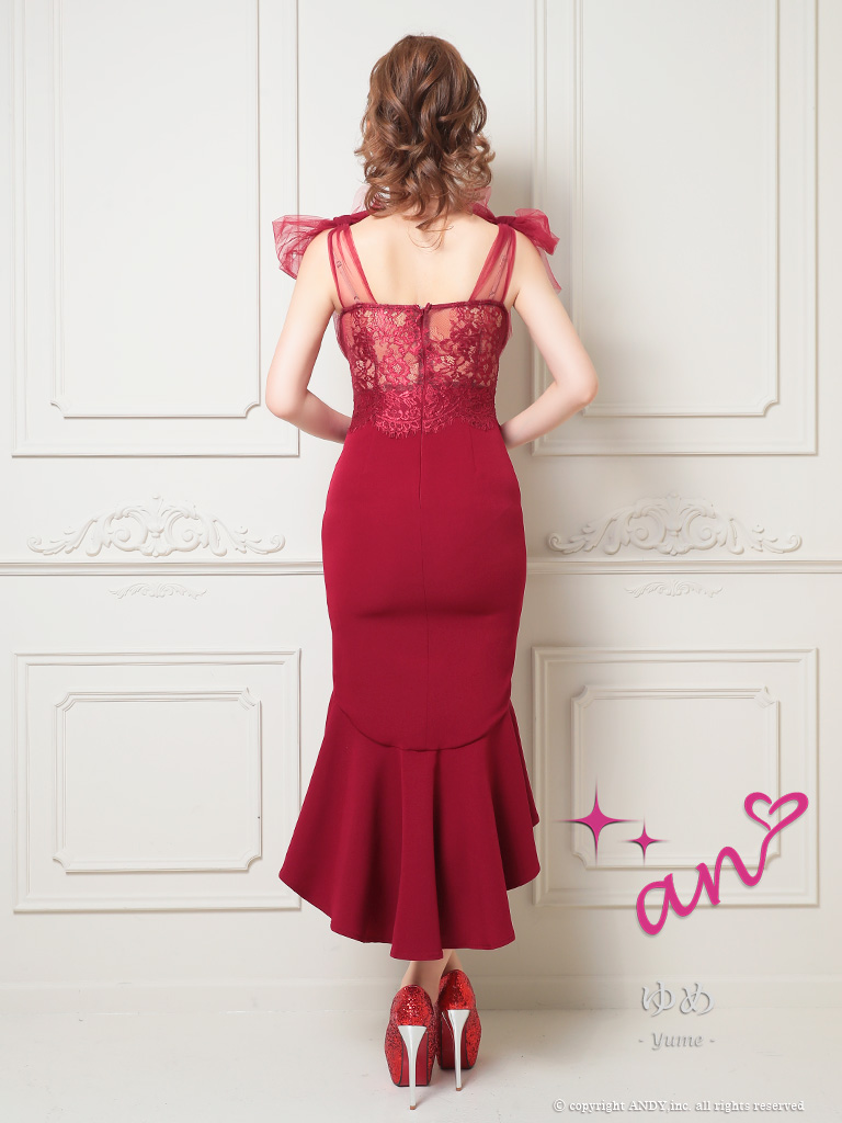 ノースリーブ くびれ透け シースルー コルセット チュール ショルダーリボン マーメイド ロングテール タイト 膝丈ドレスの詳細画像1