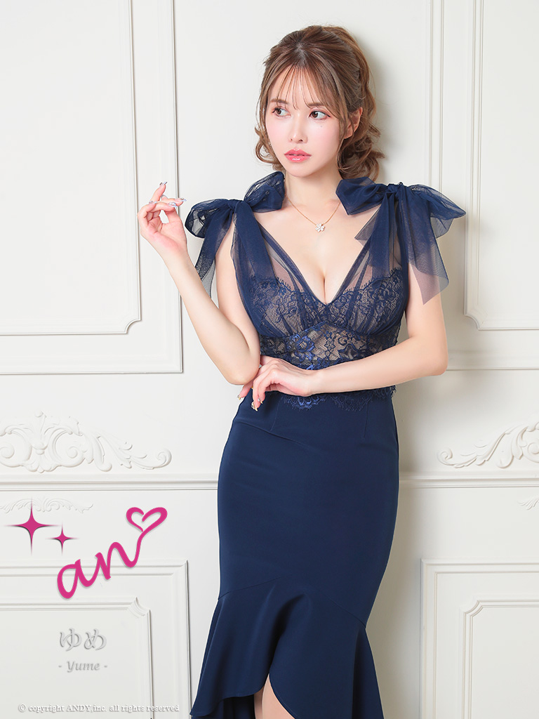 ノースリーブ くびれ透け シースルー コルセット チュール ショルダーリボン マーメイド ロングテール タイト 膝丈ドレスの詳細画像1