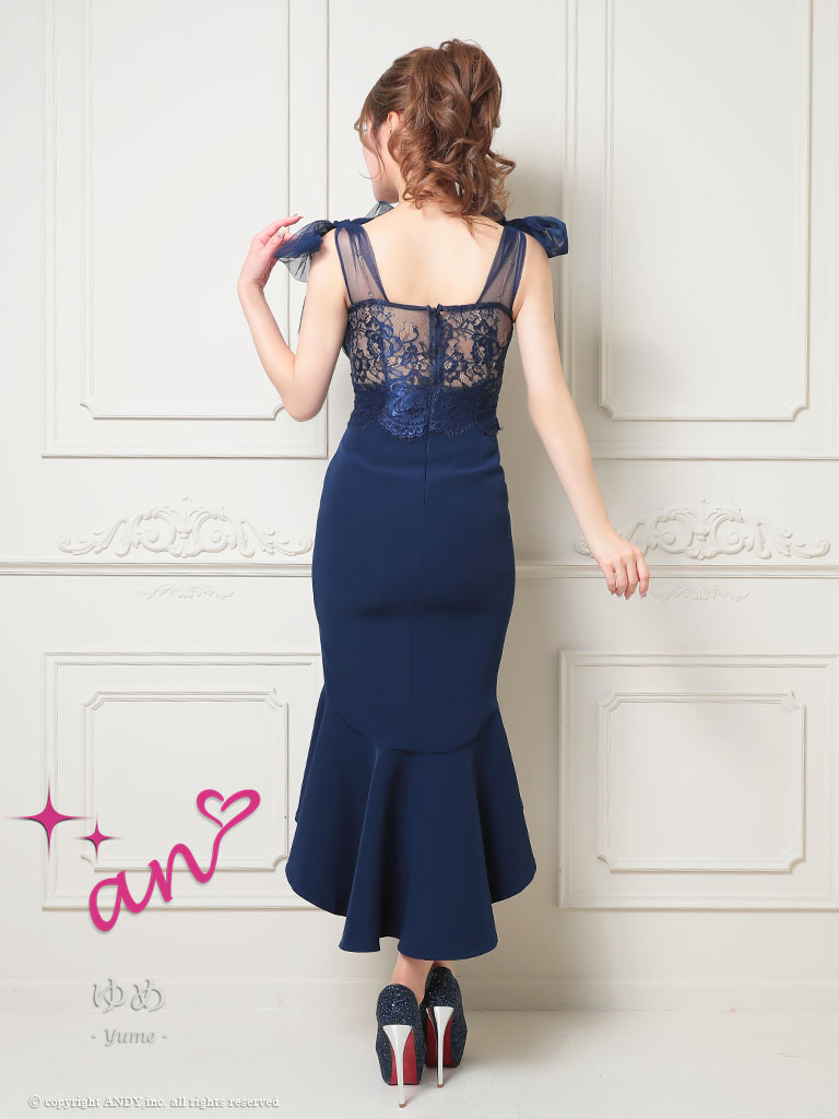 ノースリーブ くびれ透け シースルー コルセット チュール ショルダーリボン マーメイド ロングテール タイト 膝丈ドレスの詳細画像1