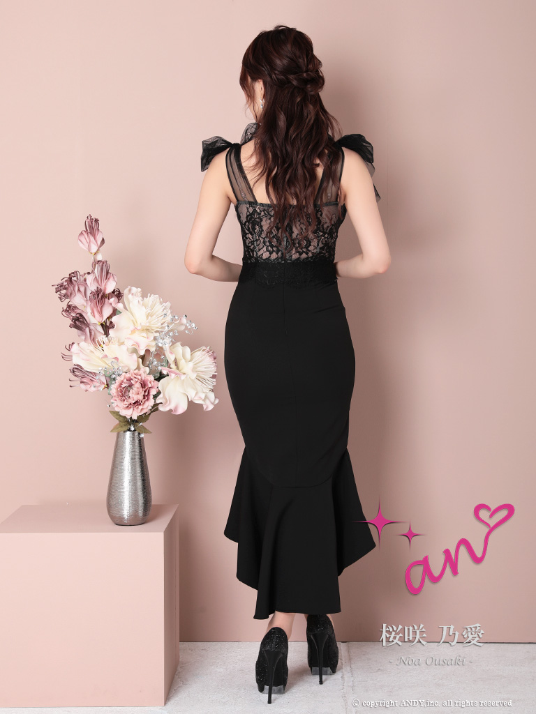 ノースリーブ くびれ透け シースルー コルセット チュール ショルダーリボン マーメイド ロングテール タイト 膝丈ドレスの詳細画像1