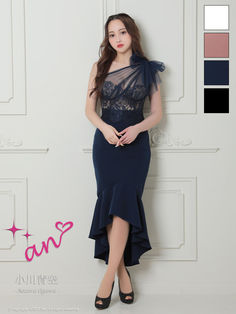 ワンショルダー くびれ透け シースルー コルセット チュール ショルダーリボン マーメイド ロングテール タイト 膝丈ドレスのメイン画像1