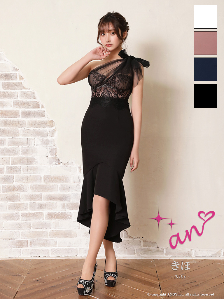 ワンショルダー くびれ透け シースルー コルセット チュール ショルダーリボン マーメイド ロングテール タイト 膝丈ドレスのメイン画像1