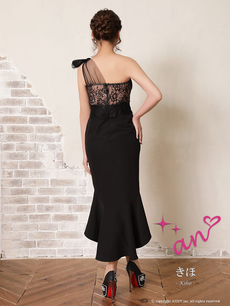 ワンショルダー くびれ透け シースルー コルセット チュール ショルダーリボン マーメイド ロングテール タイト 膝丈ドレスの全身バック画像1