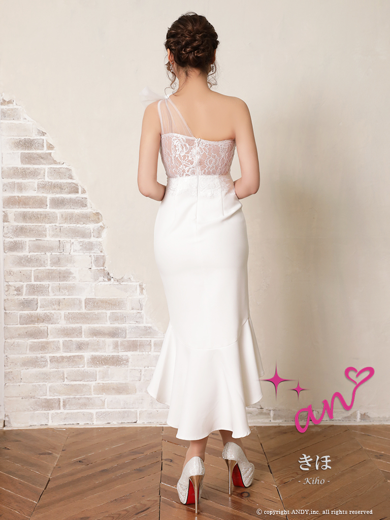 ワンショルダー くびれ透け シースルー コルセット チュール ショルダーリボン マーメイド ロングテール タイト 膝丈ドレスの詳細画像1