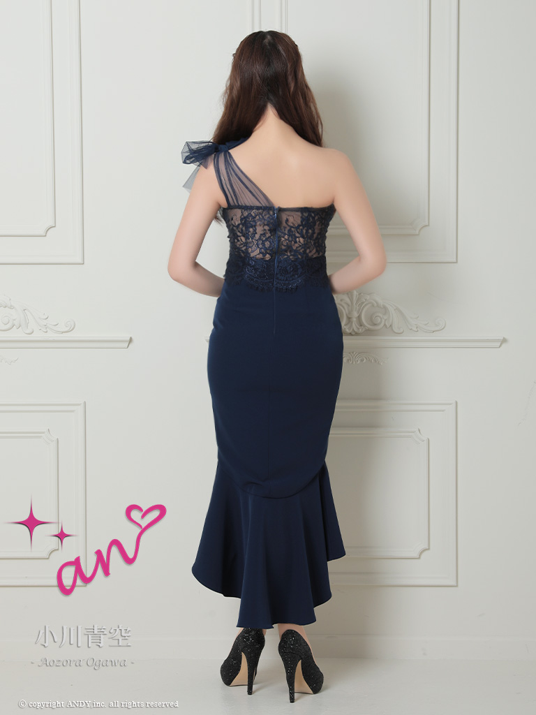 ワンショルダー くびれ透け シースルー コルセット チュール ショルダーリボン マーメイド ロングテール タイト 膝丈ドレスの詳細画像1